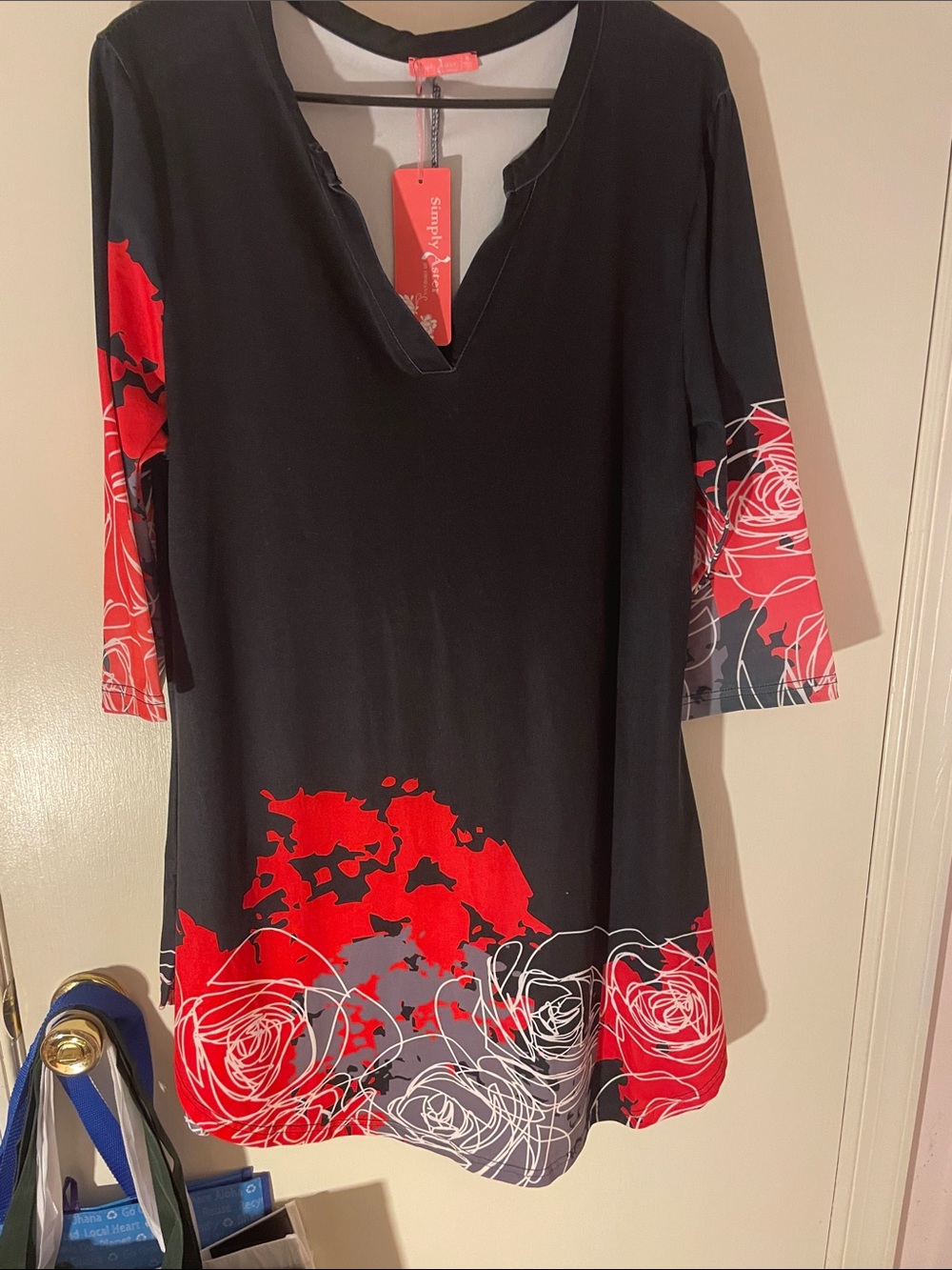 Simply Aster Black Coral Ted Abstract Dress with 3/4 Sleeves XL